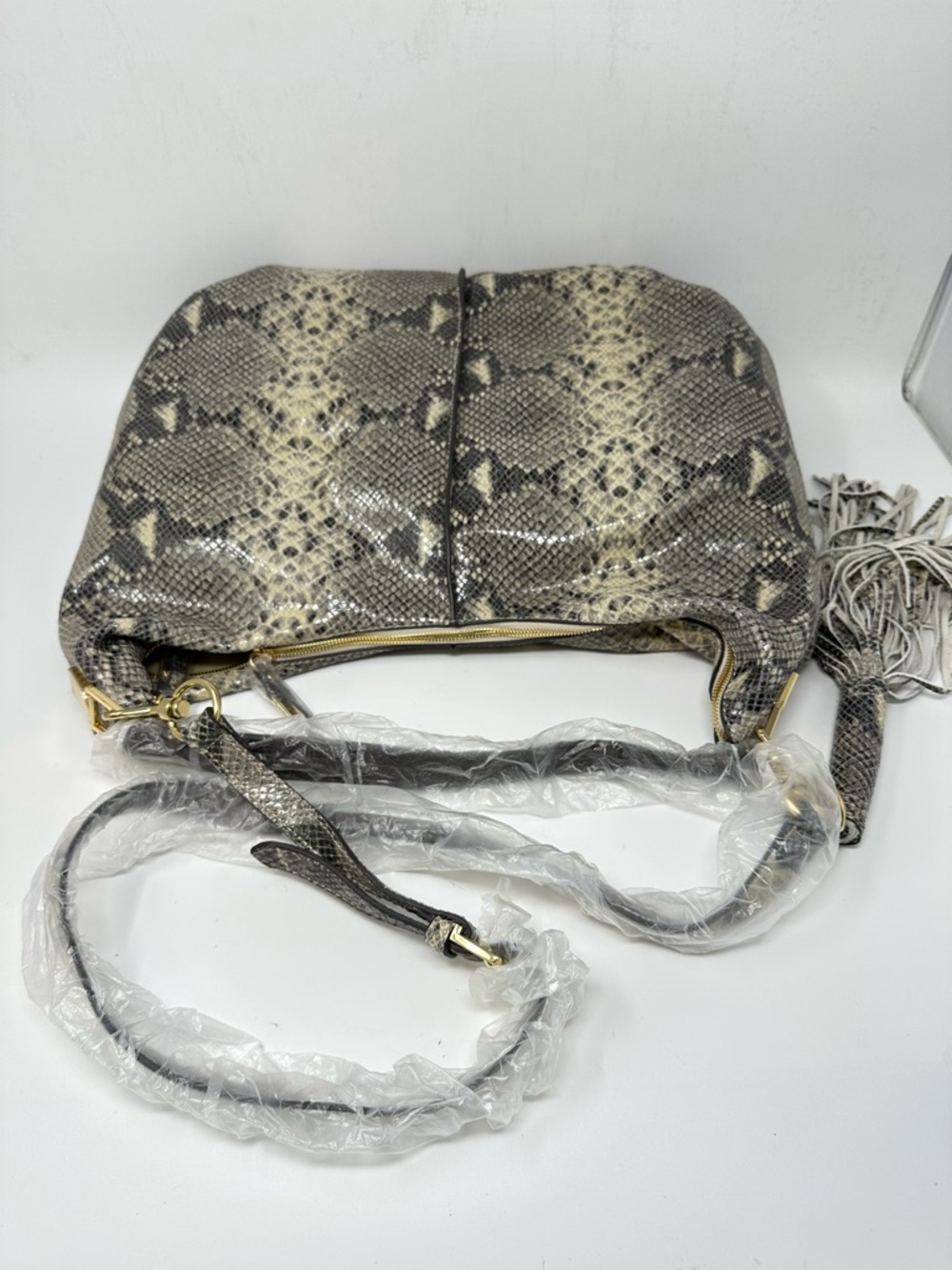 NEW G.I.L.I. GILI Milano Double Zip Exotic Leather Hobo Bag Purse Snake Grey - Picture 5 of 15